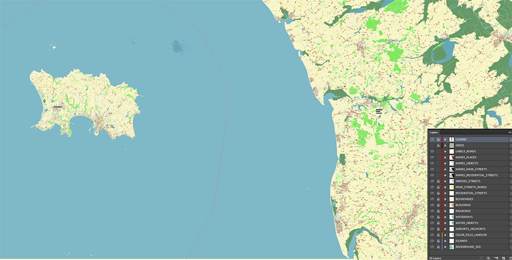 Cherbourg France Guernsey Jersey UK Vector Map Exact High Detailed Street Map editable Adobe Illustrator in layers