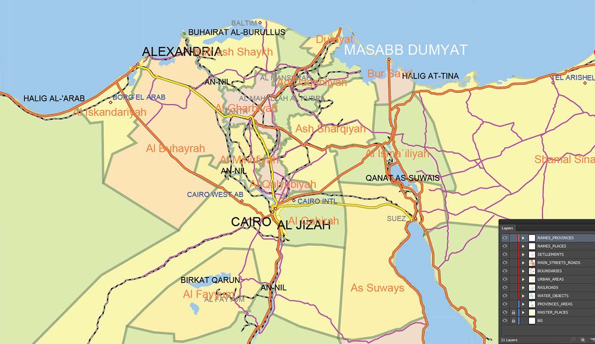Egypt Map Vector Exact Low Detailed Road & Admin Map editable Adobe Illustrator and PDF in layers in 1 archive Egypt Map Vector Exact Low Detailed Road & Admin Map editable Adobe Illustrator and PDF in layers in 1 archive