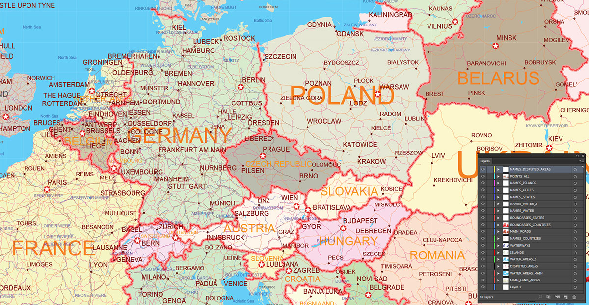 Europe Map Vector Exact Low Detailed Road & Admin Map editable Adobe Illustrator and PDF in layers in 1 archive Europe Map Vector Exact Low Detailed Road & Admin Map editable Adobe Illustrator and PDF in layers in 1 archive