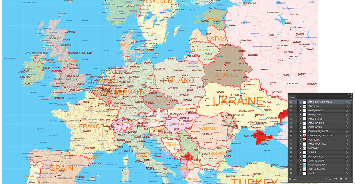Europe Map Vector Exact Low Detailed Road & Admin Map editable Adobe Illustrator and PDF in layers in 1 archive Europe Map Vector Exact Low Detailed Road & Admin Map editable Adobe Illustrator and PDF in layers in 1 archive
