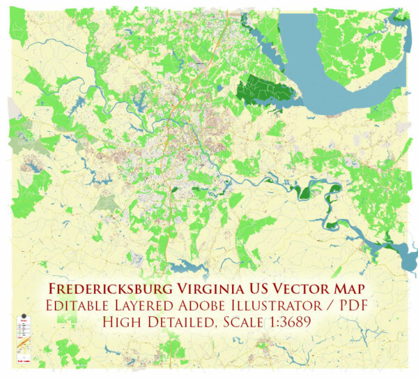 Fredericksburg Virginia US Vector Map Exact High Detailed Street Map editable Adobe Illustrator in layers