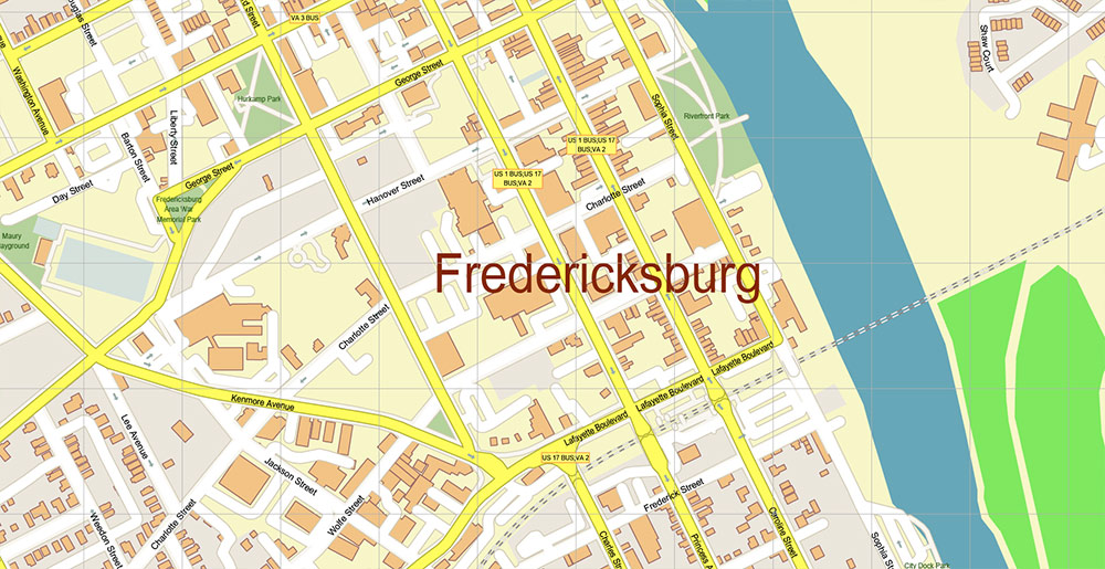 Fredericksburg Virginia US Vector Map Exact High Detailed Street Map editable Adobe Illustrator in layers