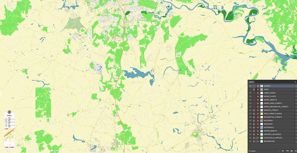 Fredericksburg Virginia US Vector Map Exact High Detailed Street Map editable Adobe Illustrator in layers