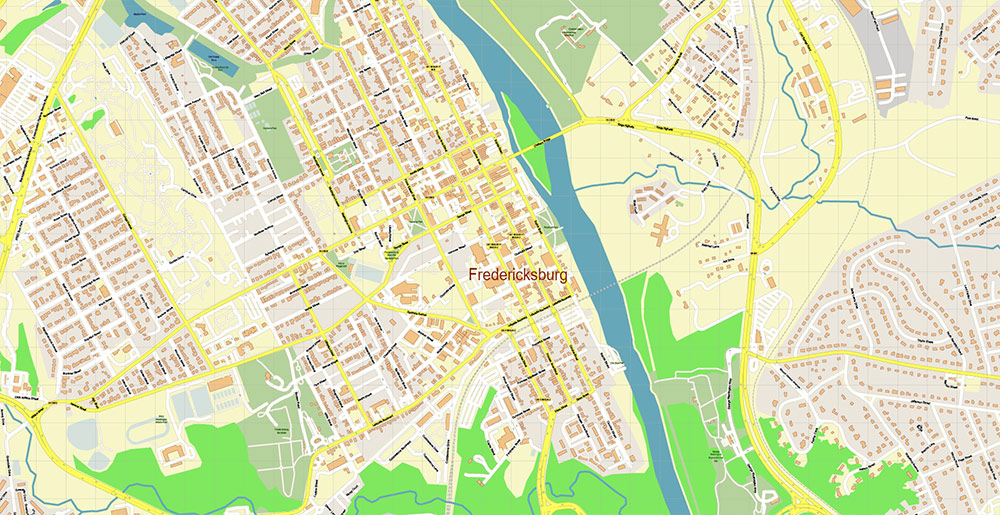 Fredericksburg Virginia US Vector Map Exact High Detailed Street Map editable Adobe Illustrator in layers