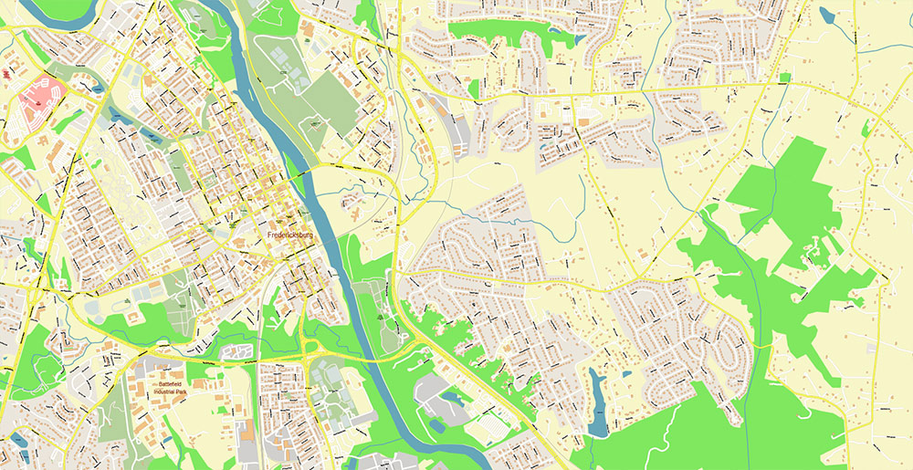 Fredericksburg Virginia US Vector Map Exact High Detailed Street Map editable Adobe Illustrator in layers
