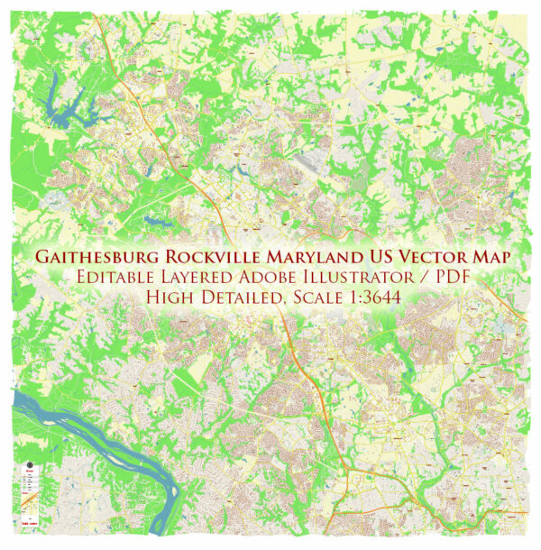 Gaithesburg Rockville Maryland US Vector Map Exact High Detailed Street Map editable Adobe Illustrator in layers
