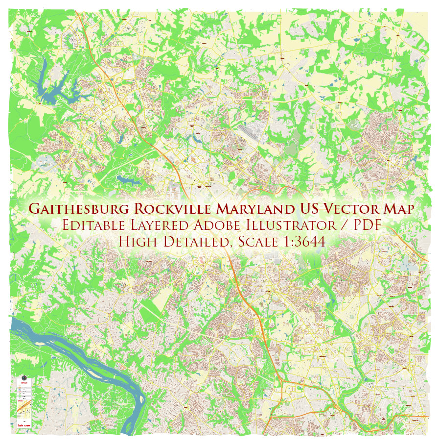 Gaithesburg Rockville Maryland US Vector Map Exact High Detailed Street Map editable Adobe Illustrator in layers