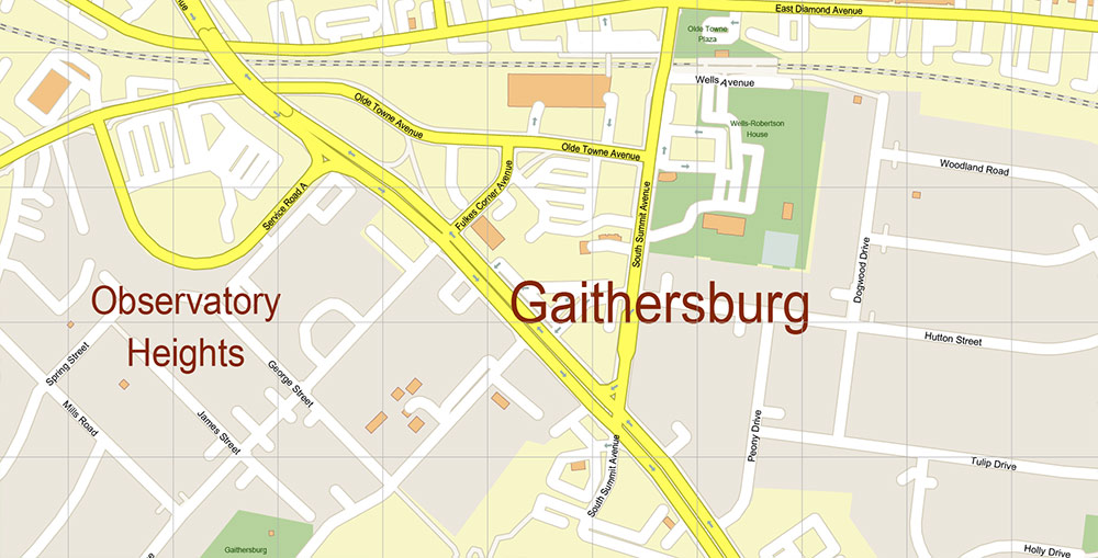 Gaithesburg Rockville Maryland US Vector Map Exact High Detailed Street Map editable Adobe Illustrator in layers