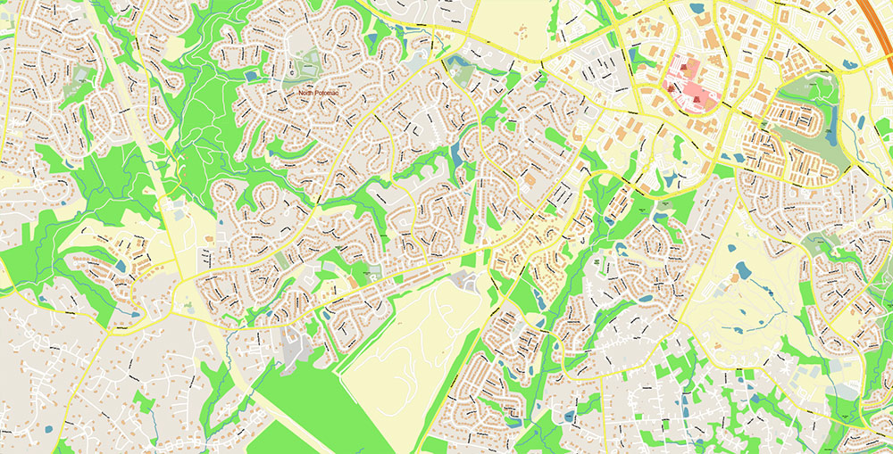 Gaithesburg Rockville Maryland US Vector Map Exact High Detailed Street Map editable Adobe Illustrator in layers