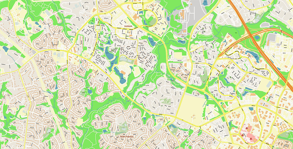 Gaithesburg Rockville Maryland US Vector Map Exact High Detailed Street Map editable Adobe Illustrator in layers