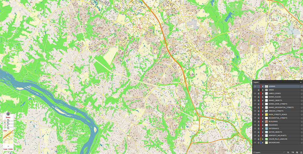 Gaithesburg Rockville Maryland US Vector Map Exact High Detailed Street Map editable Adobe Illustrator in layers