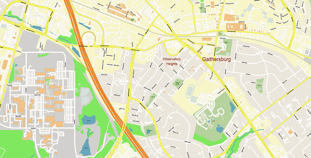 Gaithesburg Rockville Maryland US Vector Map Exact High Detailed Street Map editable Adobe Illustrator in layers