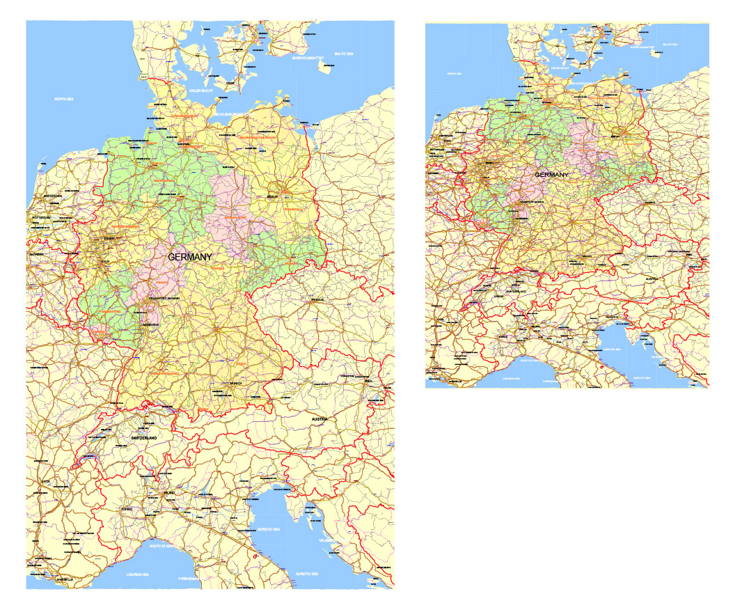 Germany Map Vector Exact Low Detailed Road & Admin Map editable Adobe Illustrator and PDF in layers in 1 archive