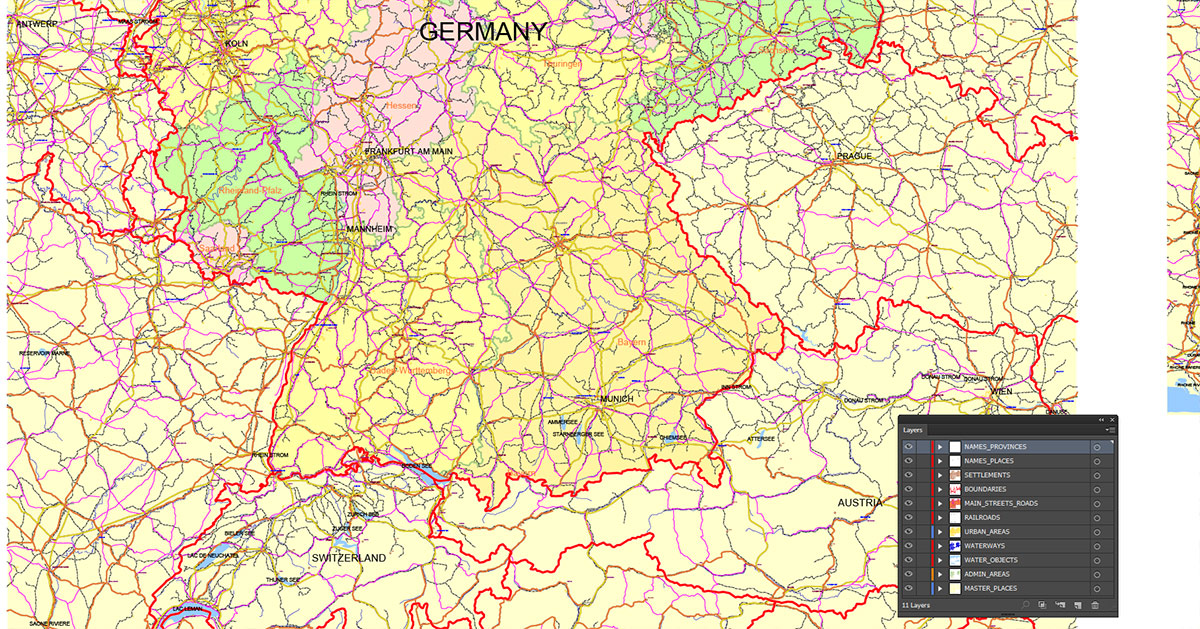 Germany Map Vector Exact Low Detailed Road & Admin Map editable Adobe Illustrator and PDF in layers in 1 archive