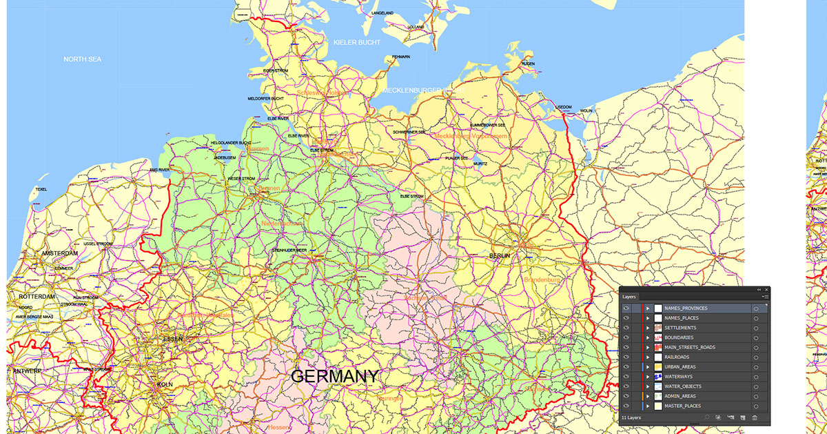 Germany Map Vector Exact Low Detailed Road & Admin Map editable Adobe Illustrator and PDF in layers in 1 archive