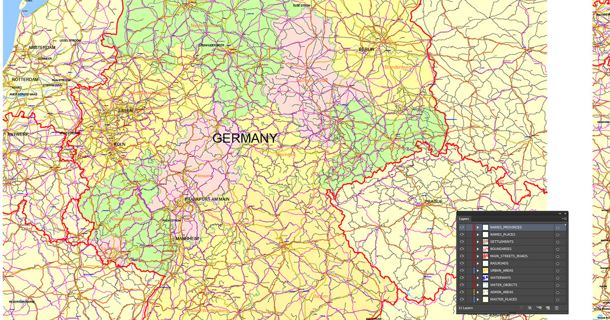 Germany Map Vector Exact Low Detailed Road & Admin Map editable Adobe Illustrator and PDF in layers in 1 archive
