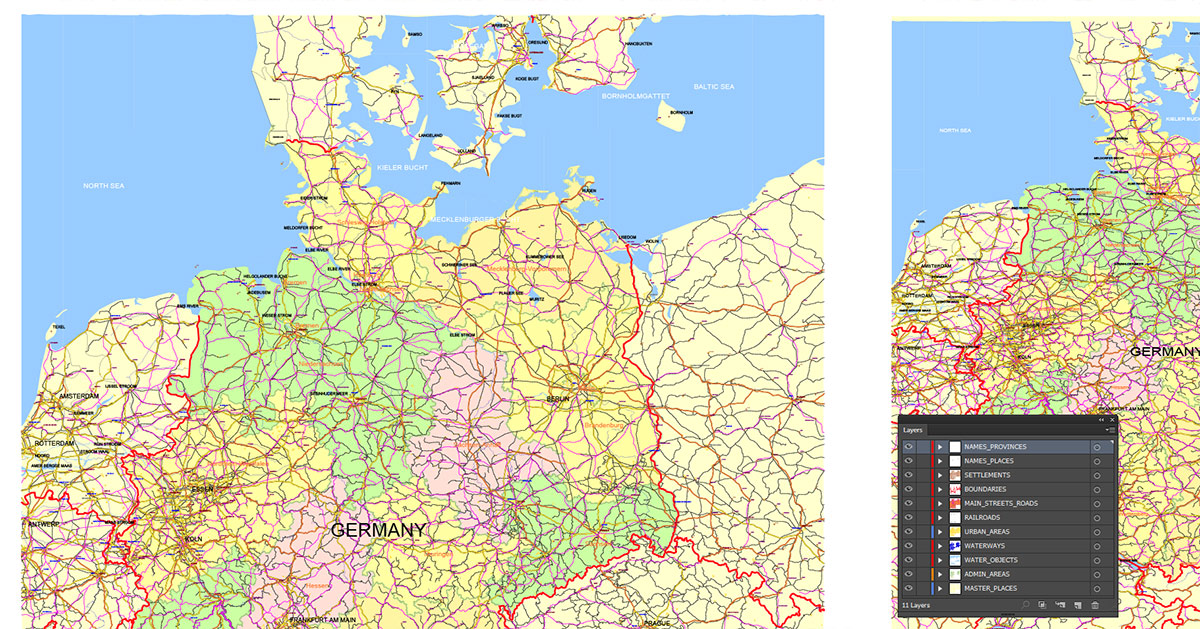Germany Map Vector Exact Low Detailed Road & Admin Map editable Adobe Illustrator and PDF in layers in 1 archive