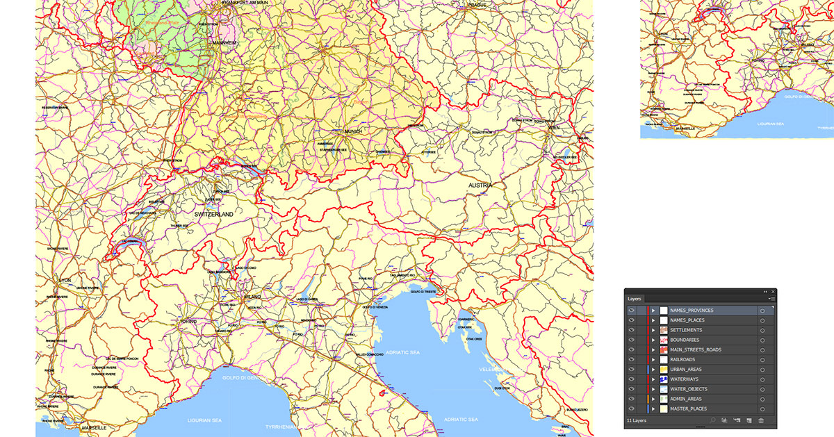 Germany Map Vector Exact Low Detailed Road & Admin Map editable Adobe Illustrator and PDF in layers in 1 archive