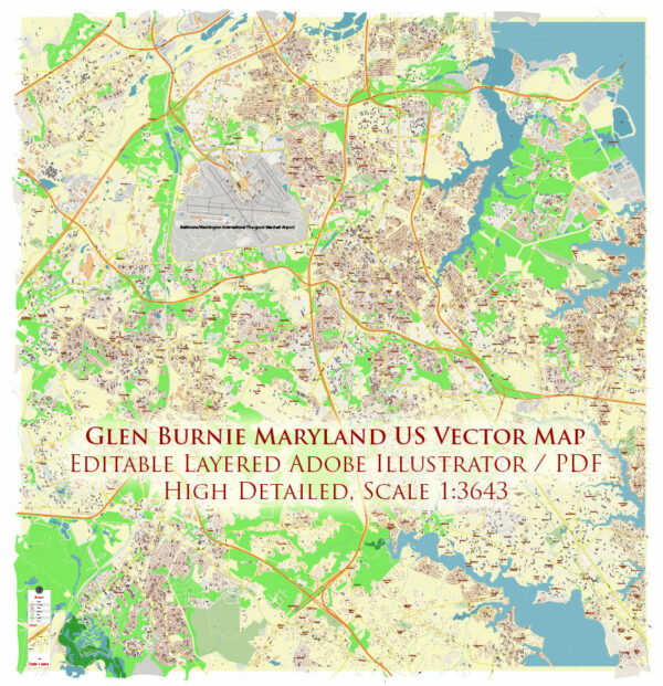Glen Burnie Maryland US Vector Map Exact High Detailed Street Map editable Adobe Illustrator in layers