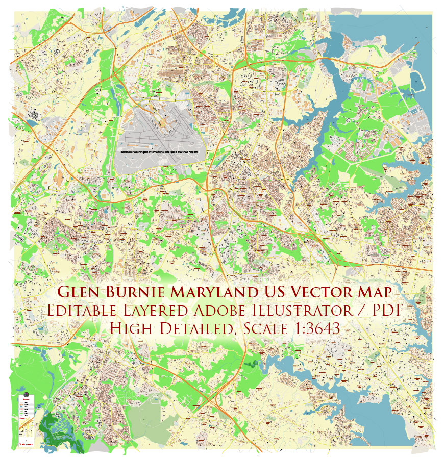 Glen Burnie Maryland US Vector Map Exact High Detailed Street Map editable Adobe Illustrator in layers