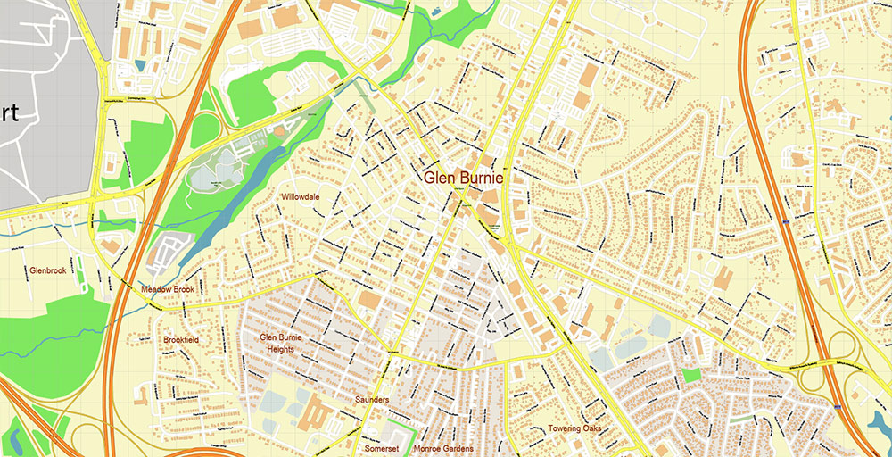 Glen Burnie Maryland US Vector Map Exact High Detailed Street Map editable Adobe Illustrator in layers
