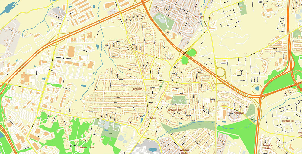 Glen Burnie Maryland US Vector Map Exact High Detailed Street Map editable Adobe Illustrator in layers