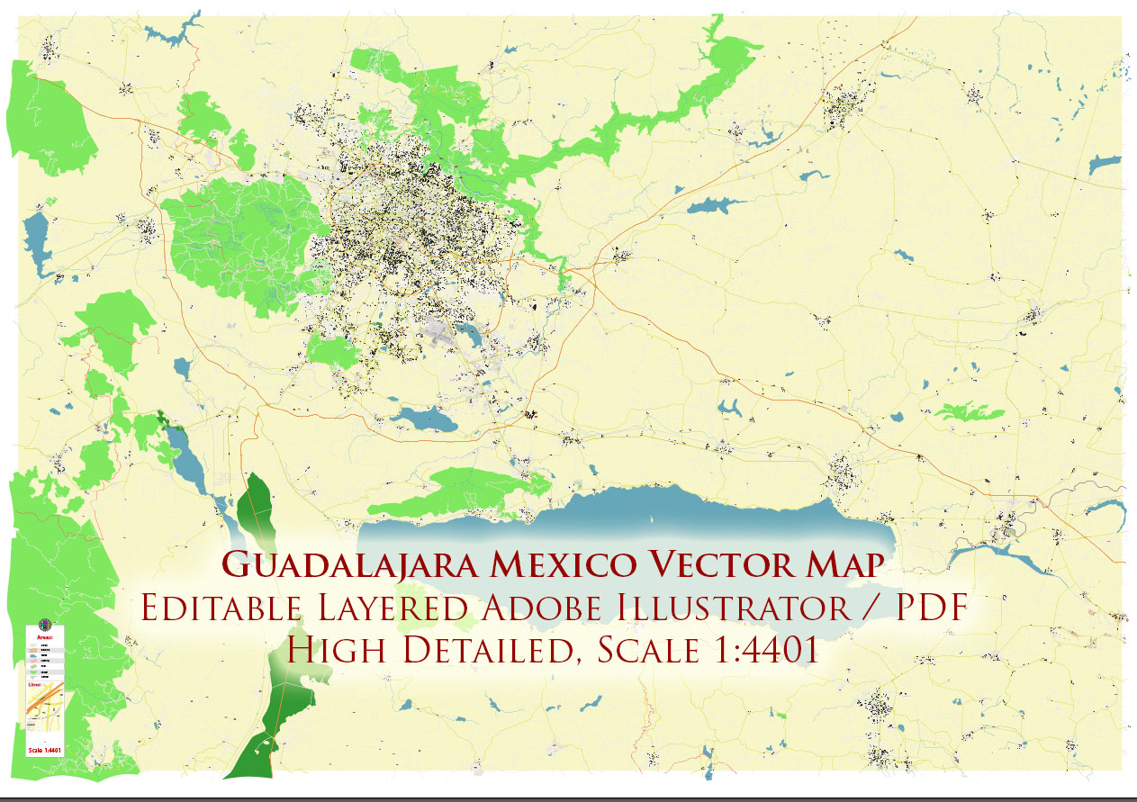 Guadalajara Mexico Vector Map Exact High Detailed Street Map editable Adobe Illustrator in layers