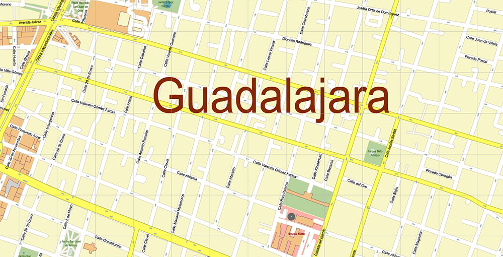 Guadalajara Mexico Vector Map Exact High Detailed Street Map editable Adobe Illustrator in layers