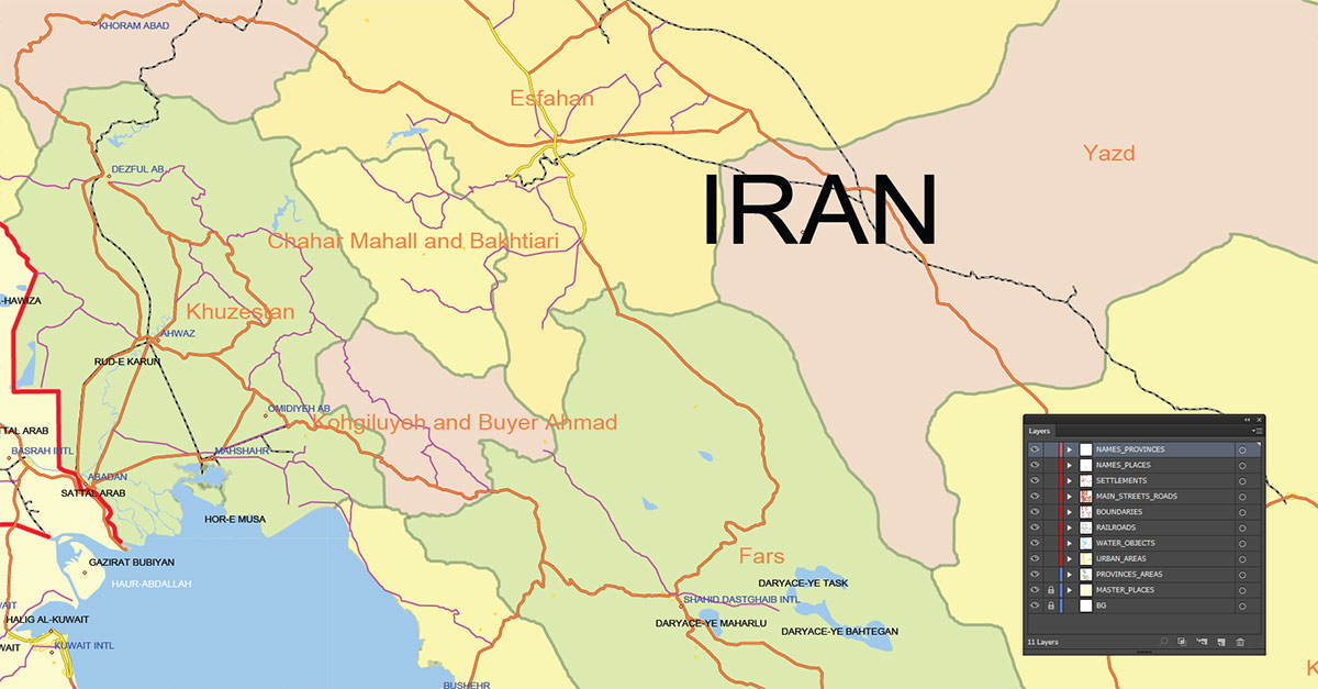 Iran Map Vector Exact Low Detailed Road & Admin Map editable Adobe Illustrator and PDF in layers in 1 archive Iran Map Vector Exact Low Detailed Road & Admin Map editable Adobe Illustrator and PDF in layers in 1 archive