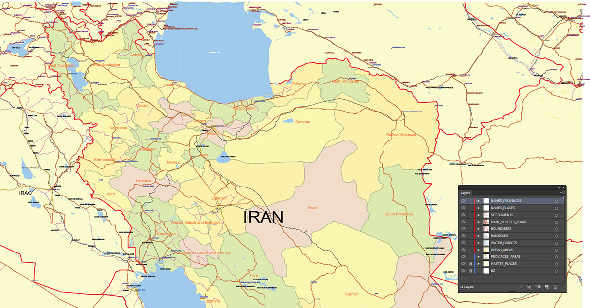 Iran Map Vector Exact Low Detailed Road & Admin Map editable Adobe Illustrator and PDF in layers in 1 archive Iran Map Vector Exact Low Detailed Road & Admin Map editable Adobe Illustrator and PDF in layers in 1 archive