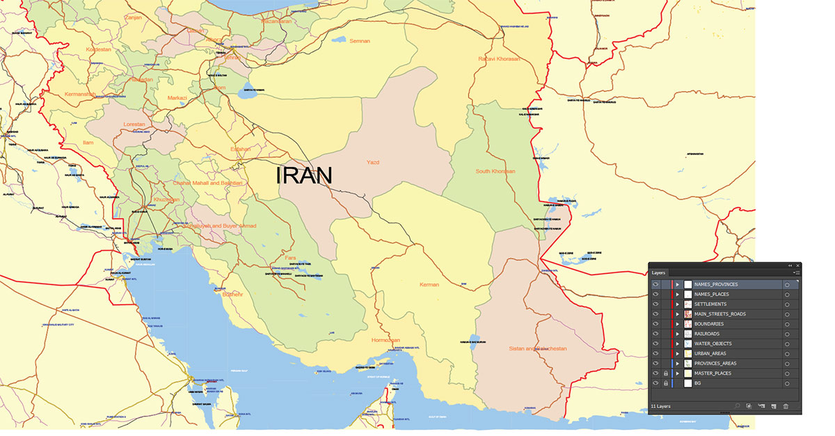 Iran Map Vector Exact Low Detailed Road & Admin Map editable Adobe Illustrator and PDF in layers in 1 archive Iran Map Vector Exact Low Detailed Road & Admin Map editable Adobe Illustrator and PDF in layers in 1 archive