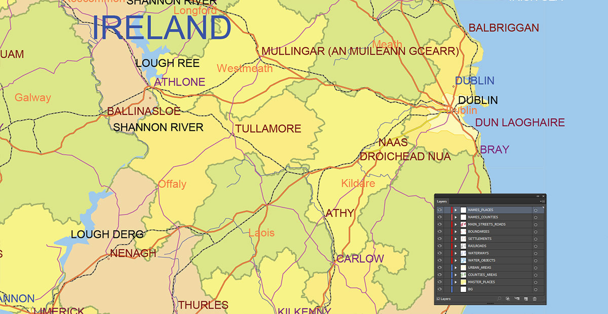 Ireland Map Vector Exact Low Detailed Road & Admin Map editable Adobe Illustrator and PDF in layers in 1 archive