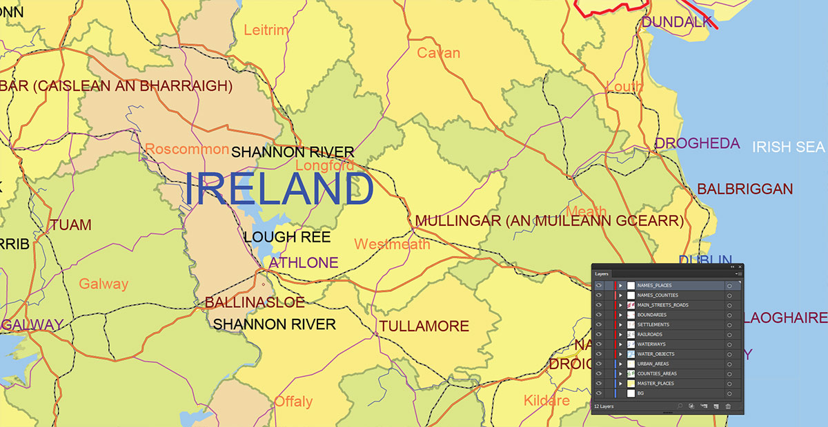 Ireland Map Vector Exact Low Detailed Road & Admin Map editable Adobe Illustrator and PDF in layers in 1 archive
