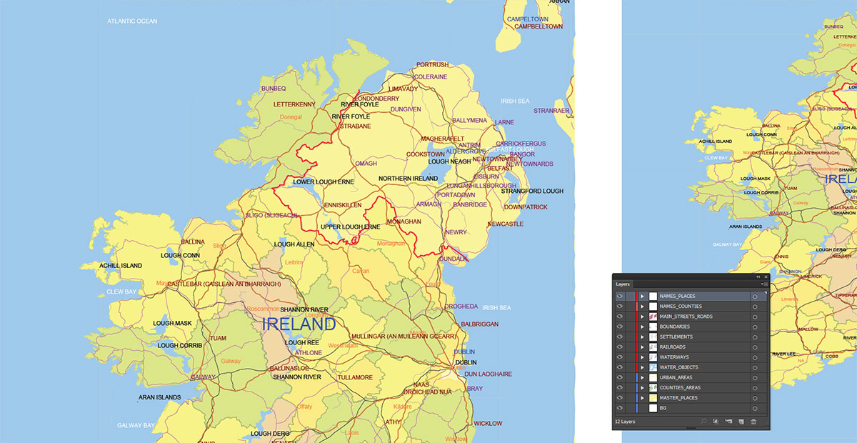 Ireland Map Vector Exact Low Detailed Road & Admin Map editable Adobe Illustrator and PDF in layers in 1 archive