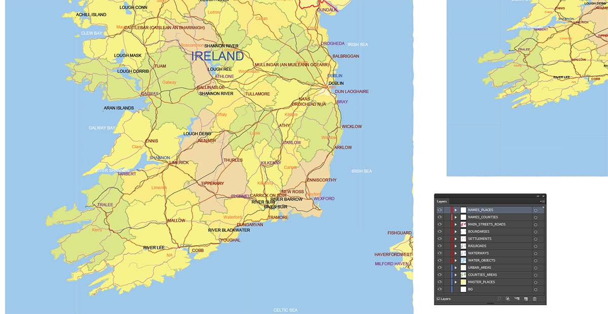 Ireland Map Vector Exact Low Detailed Road & Admin Map editable Adobe Illustrator and PDF in layers in 1 archive