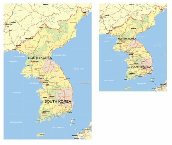 Korea North and South Map Vector Exact Low Detailed Road & Admin Map editable Adobe Illustrator and PDF in layers in 1 archive Korea North and South Map Vector Exact Low Detailed Road & Admin Map editable Adobe Illustrator and PDF in layers in 1 archive