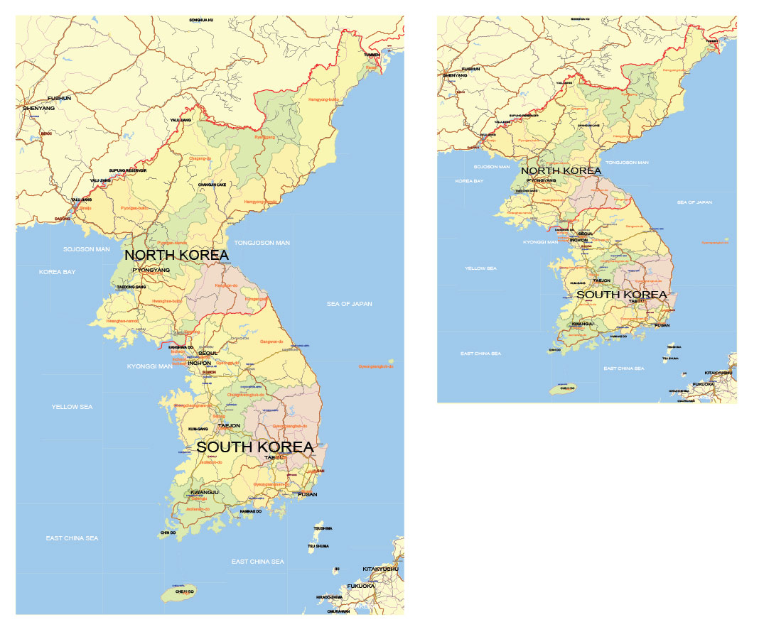 Korea North and South Map Vector Exact Low Detailed Road & Admin Map editable Adobe Illustrator and PDF in layers in 1 archive