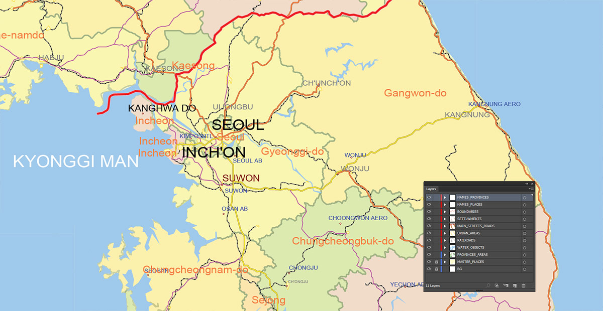 Korea North and South Map Vector Exact Low Detailed Road & Admin Map editable Adobe Illustrator and PDF in layers in 1 archive