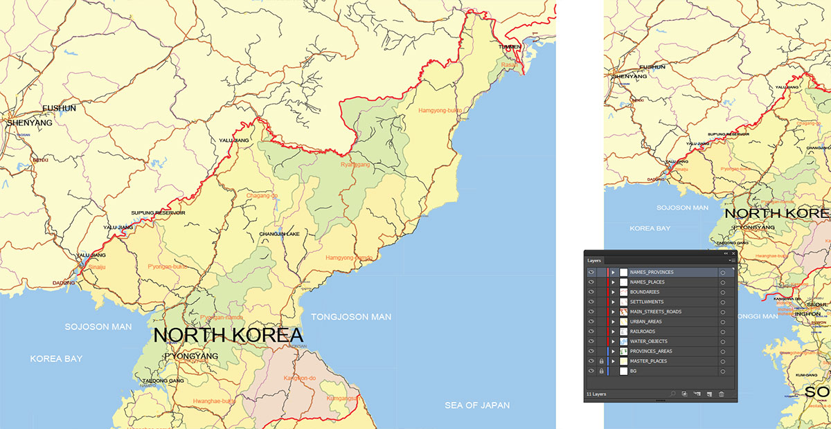 Korea North and South Map Vector Exact Low Detailed Road & Admin Map editable Adobe Illustrator and PDF in layers in 1 archive