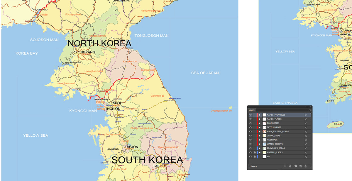 Korea North and South Map Vector Exact Low Detailed Road & Admin Map editable Adobe Illustrator and PDF in layers in 1 archive