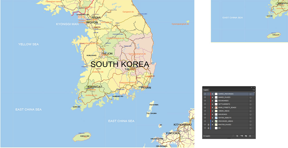 Korea North and South Map Vector Exact Low Detailed Road & Admin Map editable Adobe Illustrator and PDF in layers in 1 archive