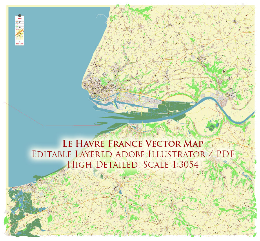 Le Havre France Vector Map Exact High Detailed Street Map editable Adobe Illustrator in layers