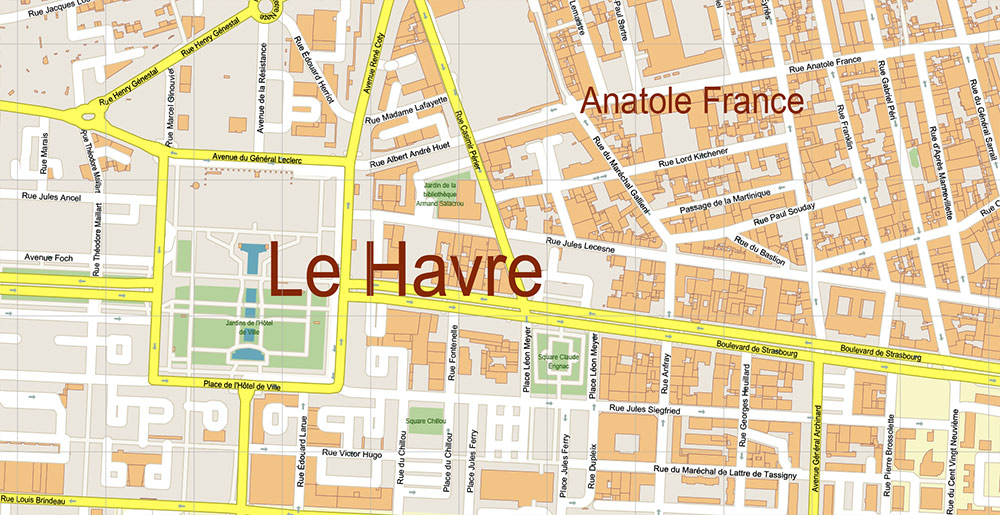 Le Havre France Vector Map Exact High Detailed Street Map editable Adobe Illustrator in layers