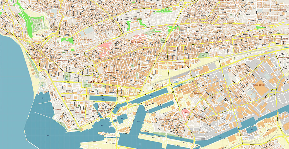 Le Havre France Vector Map Exact High Detailed Street Map editable Adobe Illustrator in layers