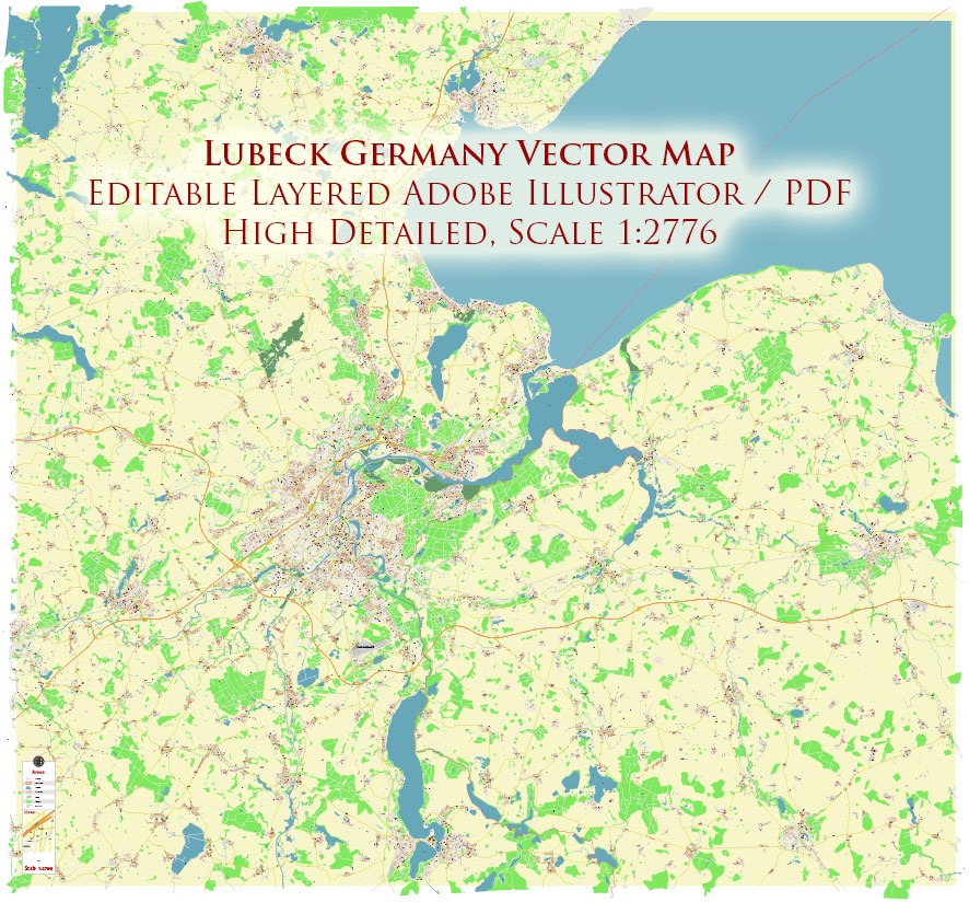 Lubeck Germany Vector Map Exact High Detailed Street Map editable Adobe Illustrator in layers