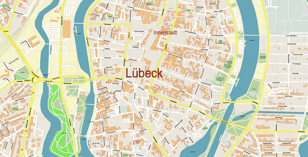 Lubeck Germany Vector Map Exact High Detailed Street Map editable Adobe Illustrator in layers