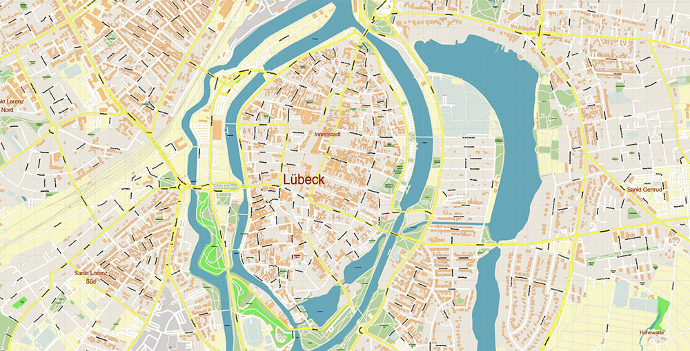 Lubeck Germany Vector Map Exact High Detailed Street Map editable Adobe Illustrator in layers