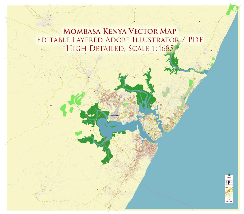 Mombasa Kenya Vector Map Exact High Detailed Street Map editable Adobe Illustrator in layers
