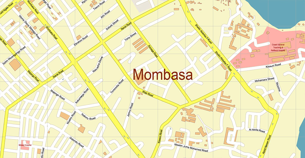 Mombasa Kenya Vector Map Exact High Detailed Street Map editable Adobe Illustrator in layers