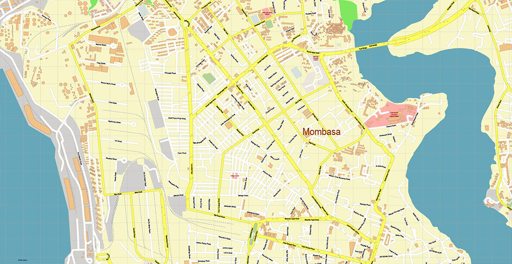 Mombasa Kenya Vector Map Exact High Detailed Street Map editable Adobe Illustrator in layers